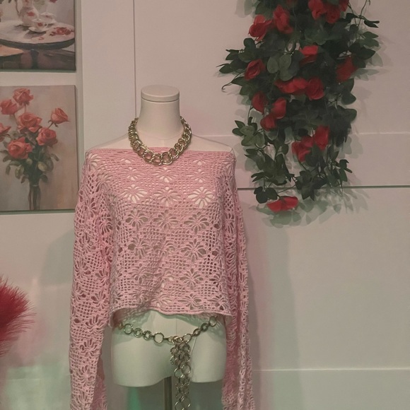 Handmade Crochet Cotten Thread Off The Shoulder Pink Top - Picture 3 of 6
